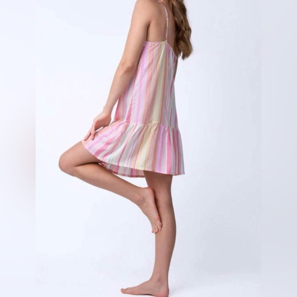 PJ Salvage ‘Staycation’ Mini Shift Ruffle Hem Slip Dress in Pink Stripes, M/L - Picture 2 of 10